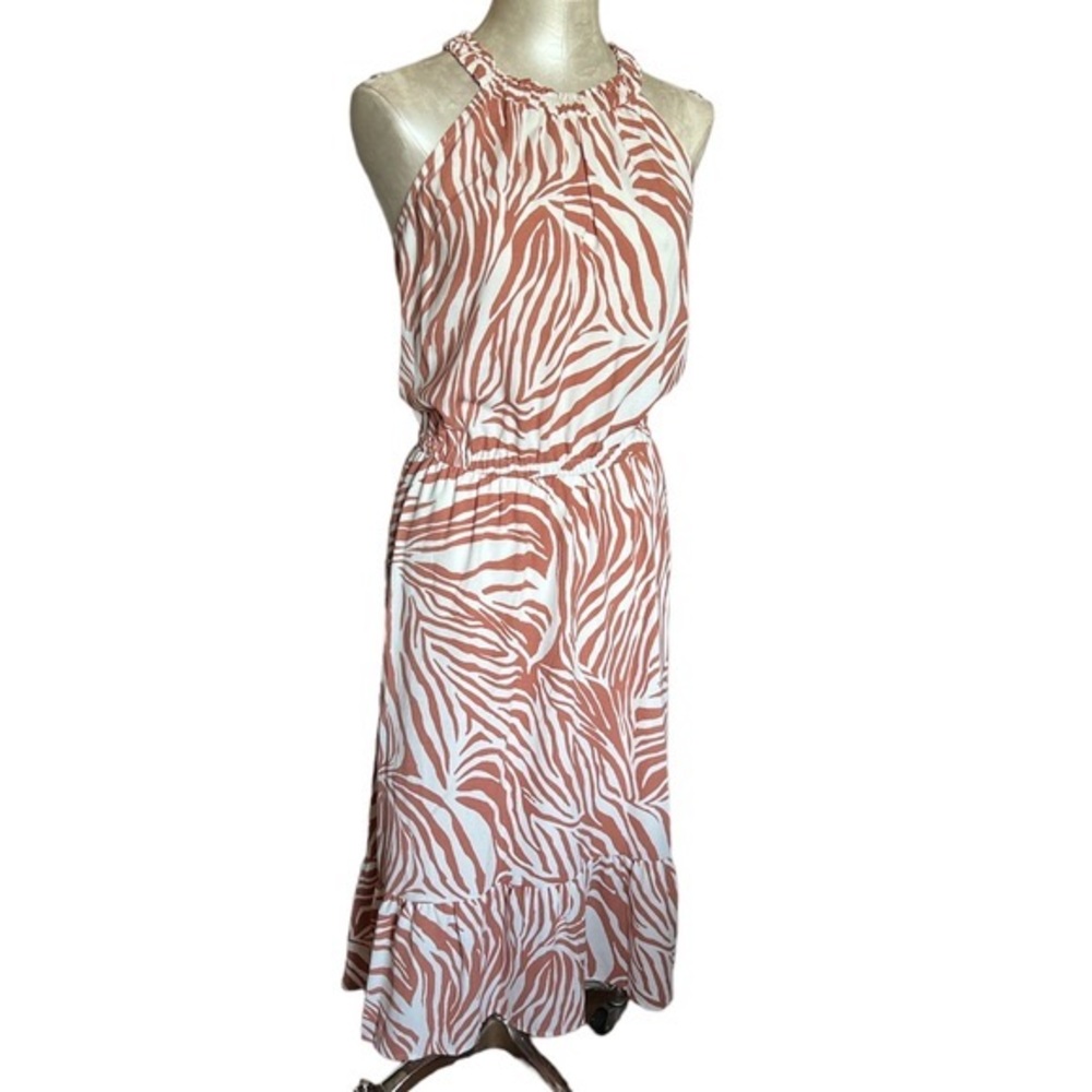 Nine West Women's High-Low Hem Halter Zebra animal print Midi Dress NEW X…